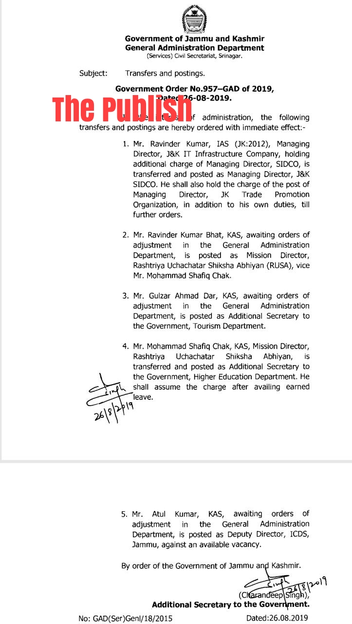 1 IAS and 4 KAS officers transferred by J&K Government