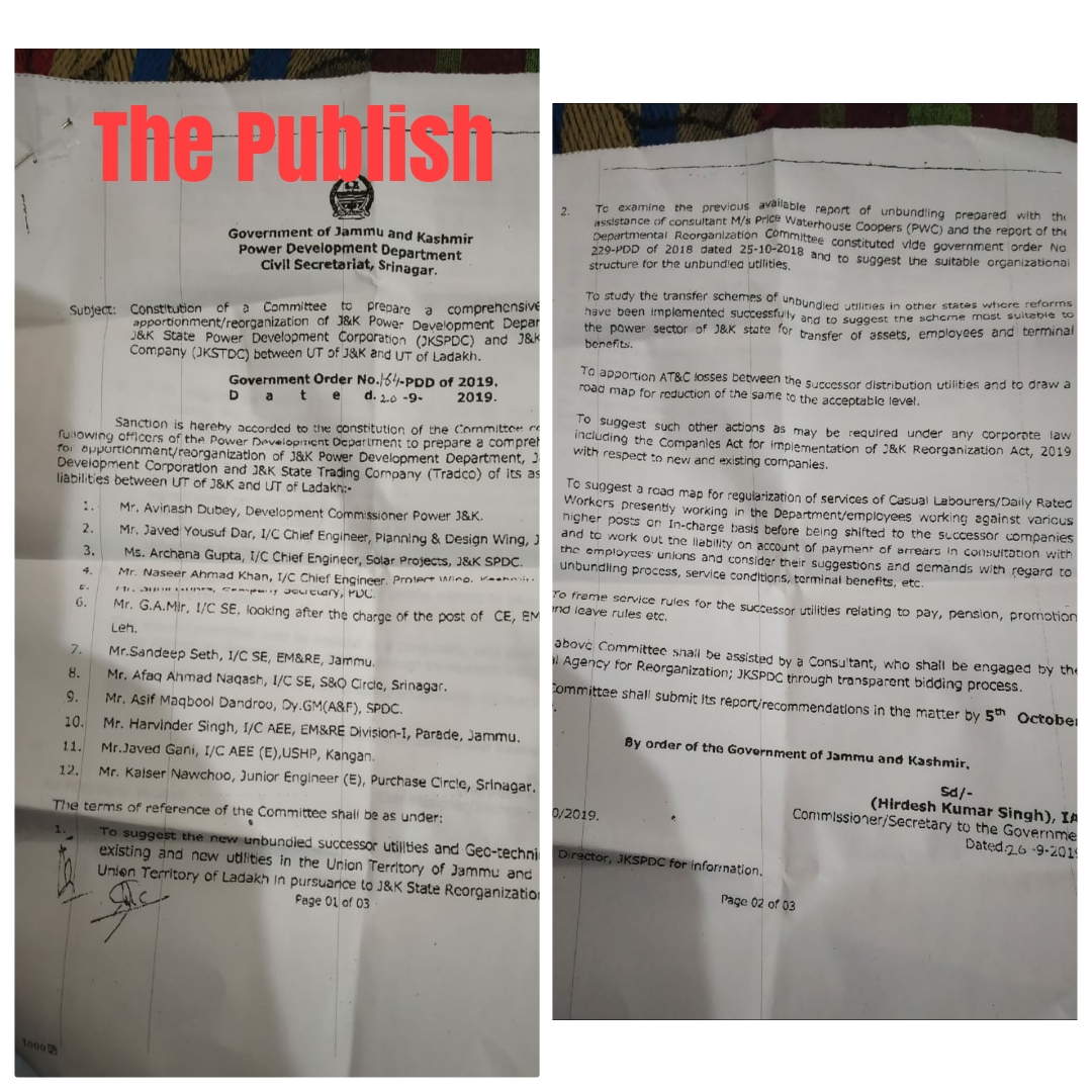 Committee framed to prepare proposal for Corporatisation of PDD and distribution of assets between UTs 