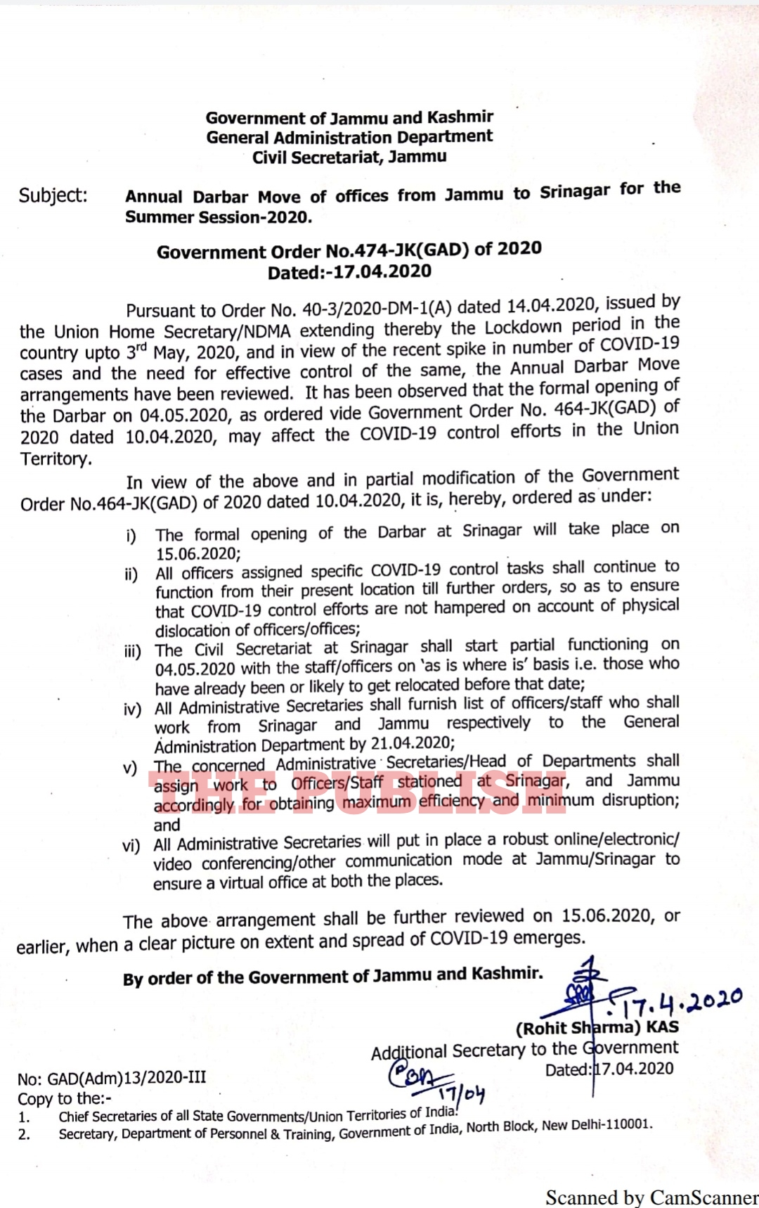 Civil Secretariat to formally open on 15th June at Srinagar, partial working to start in 4th May