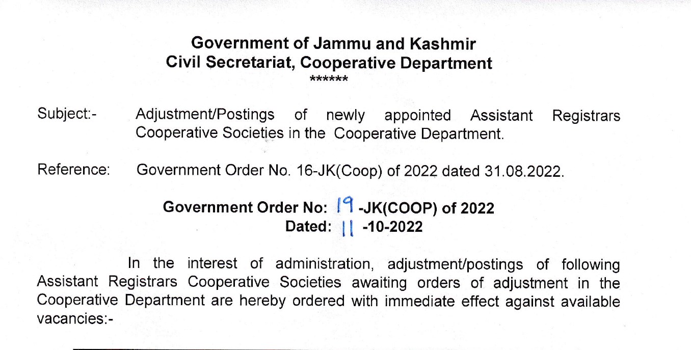 Government orders transfers and postings of 86 newly appointed Assistant Registrar Cooperatives