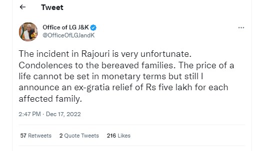 Rajouri: LG Manoj Sinha announces Rs 5 lakh ex-gratia for kin of slain civilians