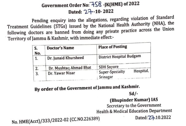 Three Doctors banned from private practice in J&K