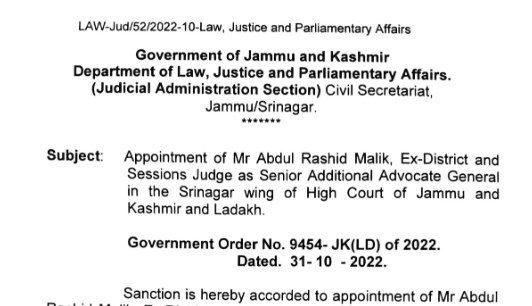 Abdul Rashid Malik appointed as Senior Advocate General in Srinagar wing of J&K High Court