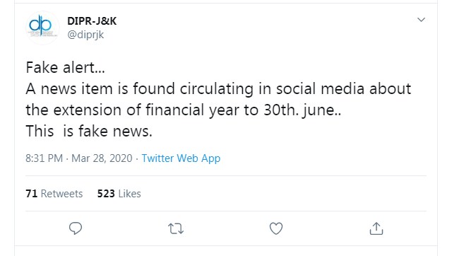 No extension of Financial year to June 30th: J&K Government clarifies