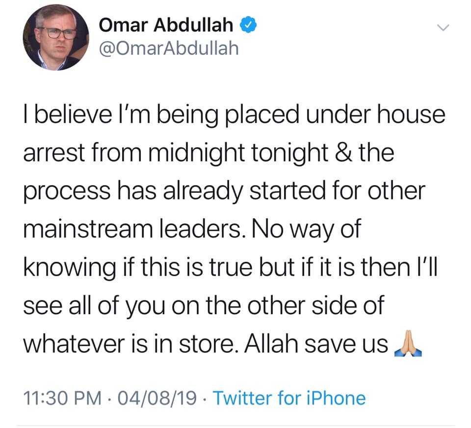 Omar Abdullah claims to have been placed under House Arrest