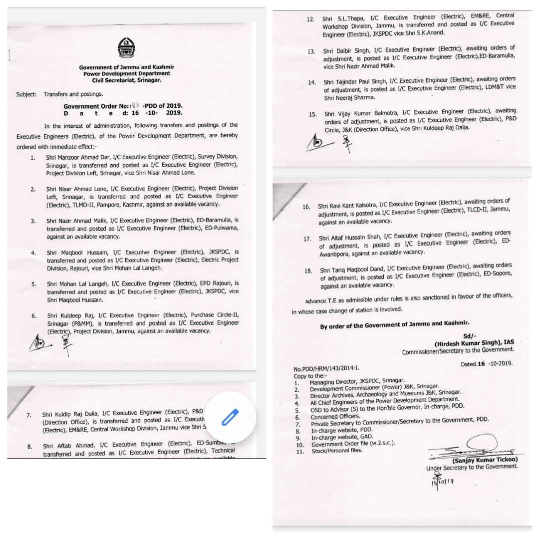 Government orders Transfers and Postings of 18 Xens in PDD Department