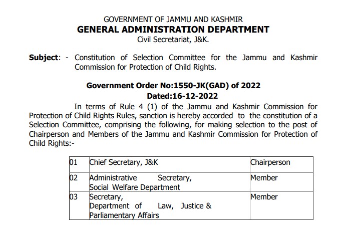 Constitution of Selection Committee for the J&K Commission for Protection of Child Rights