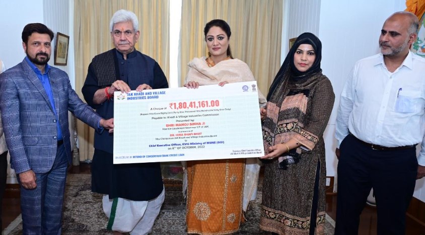 VC KVIB J&K submits Rs 180.41 lakh cheque to Lt Governor to be refunded to KVIC, GOI