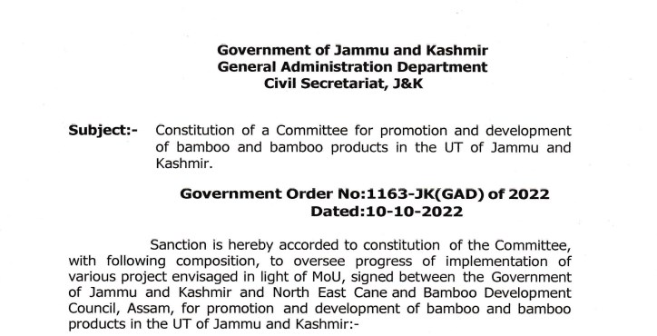 Constitution of a Committee for promotion and development of bamboo and bamboo products in the UT of J&K