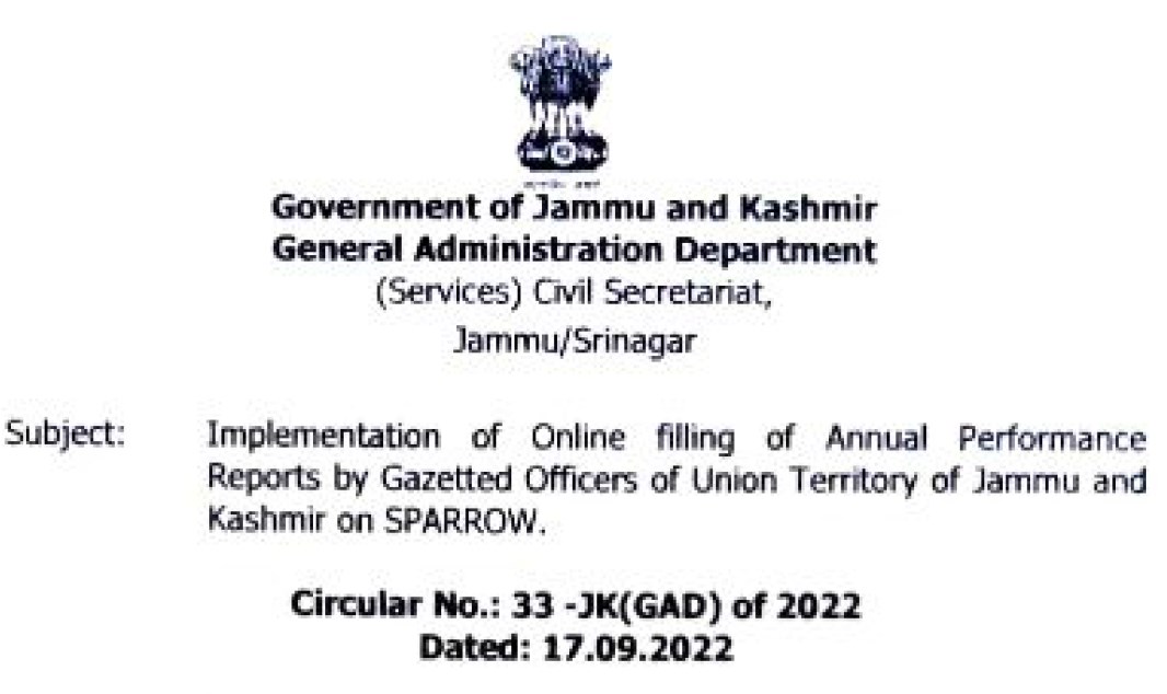 Implementation of Online filling of Annual Performance Reports by Gazetted Officers of UT of J&K on SPARROW