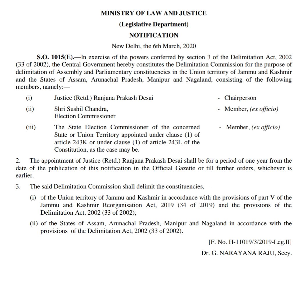 Centre appoints delimitation commission for J&K, process to be completed within a year