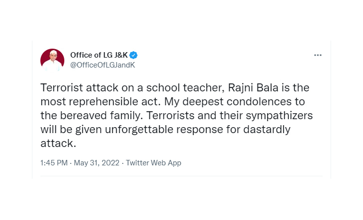J&K school teacher killing: LG Manoj Sinha promises 'unforgettable response'