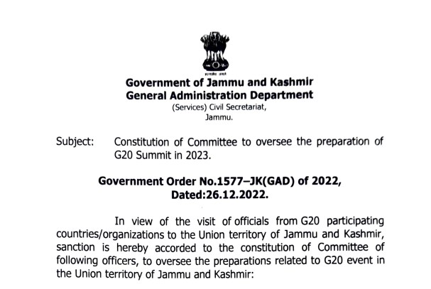 J&K govt Constitution of Committee to oversee the preparation of G20 Summit in 2023