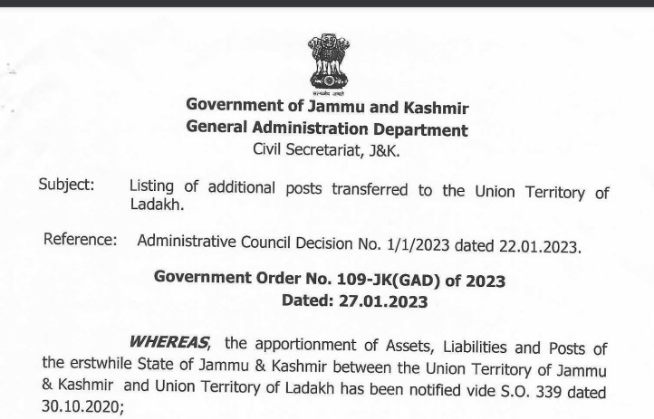 Listing of additional posts transferred to the Union Territory of Ladakh