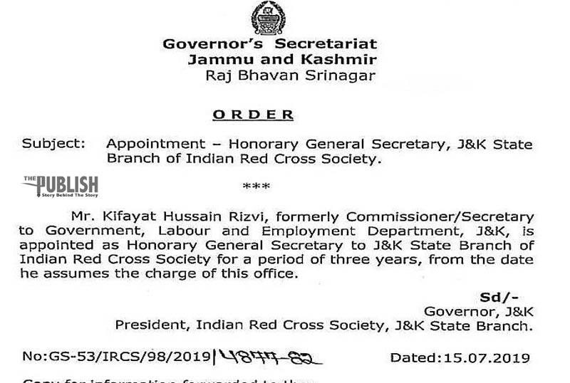 Kifayat Hussain Rizvi appointed as Hon Gen Sec to JK State Branch of IRC Society