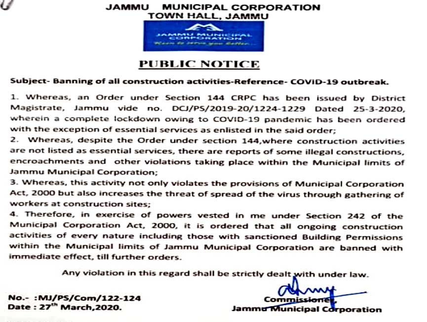 Jammu Municipal Corporation bans all Construction activity in views of Covid-19 Outbreak