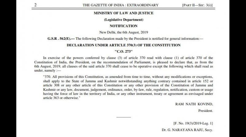 Centre notifies abrogation of Article 370 in J&K