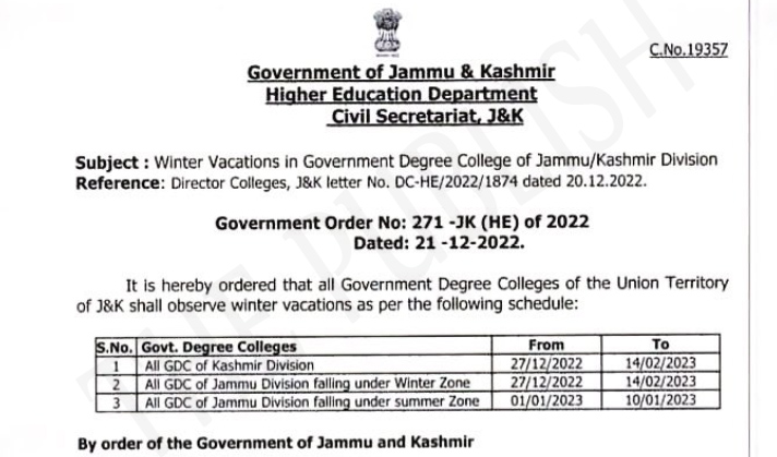 Govt announces winter break for colleges in Jammu and Kashmir