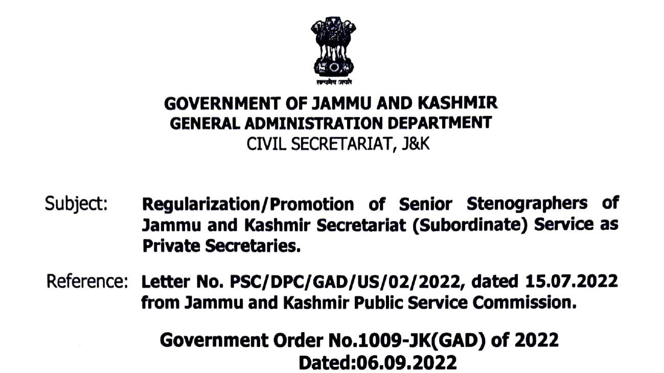 Regularization/Promotion of Senior Stenographers of J&K Secretariat Subordinate Service as Private Secretaries