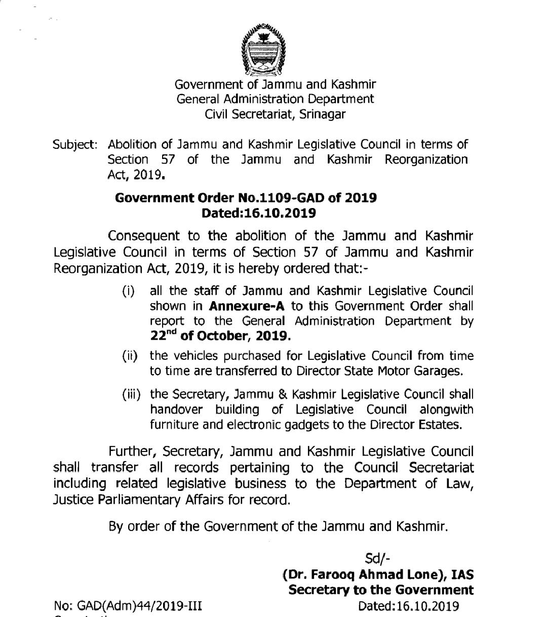 Government Abolishes Jammu & Kashmir 36-member Legislative Council