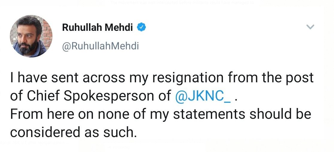 Ruhullah Mehdi resigns from NC chief spokesperson post