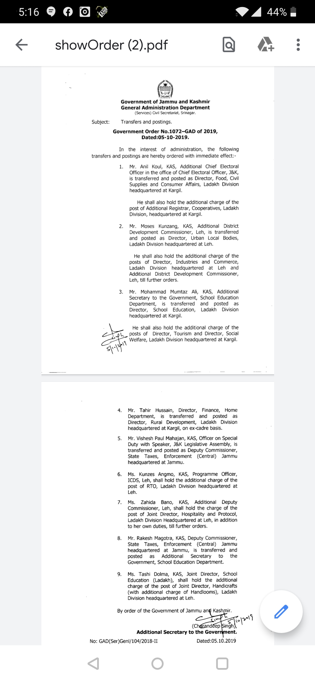 JK Government orders Transfers and Postings of 9 KAS officers