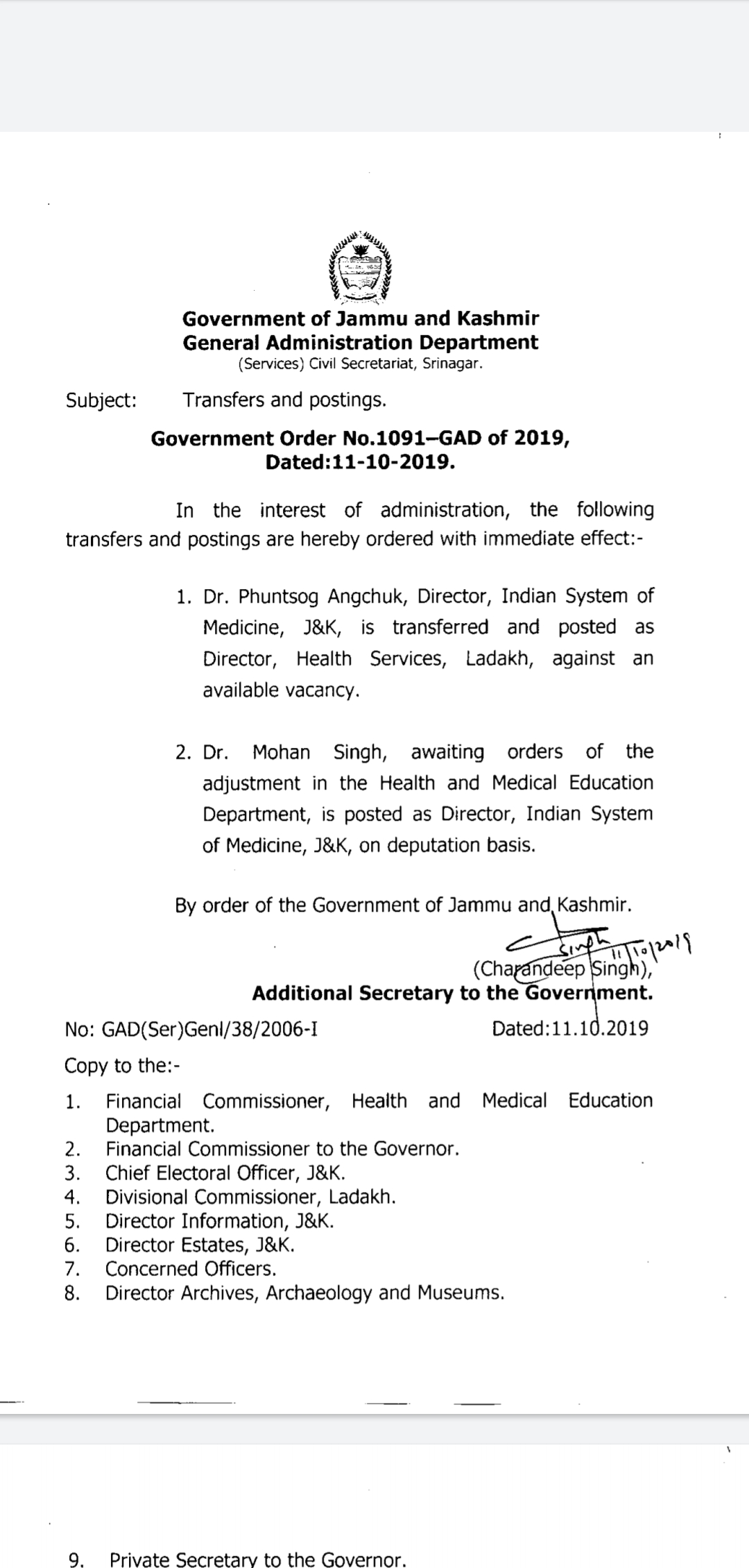 Government orders Postings of Director ISM in UT of J&K and Ladakh