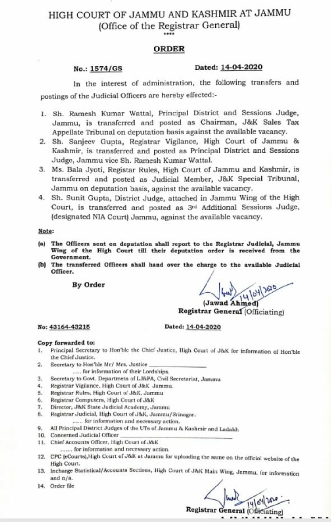 J&K High Court orders Transfers and Postings of 4 Judicial Officers, Sanjeev Gupta Principal District Judge Jammu