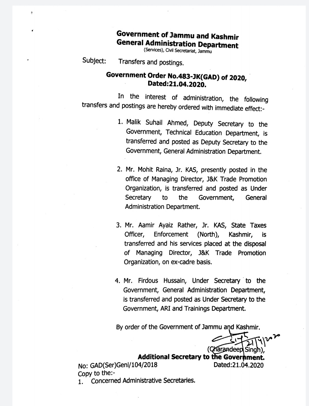 Government orders Transfers and Postings of 4 KAS officers