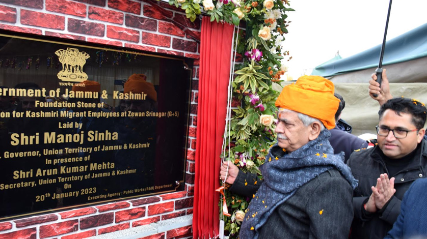 Lt Governor lays foundation stone of Transit Accommodation for PM Package Employees at Zewan