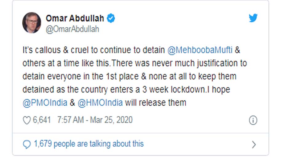 Release Mehbooba Mufti, others from detention: Omar Abdullah