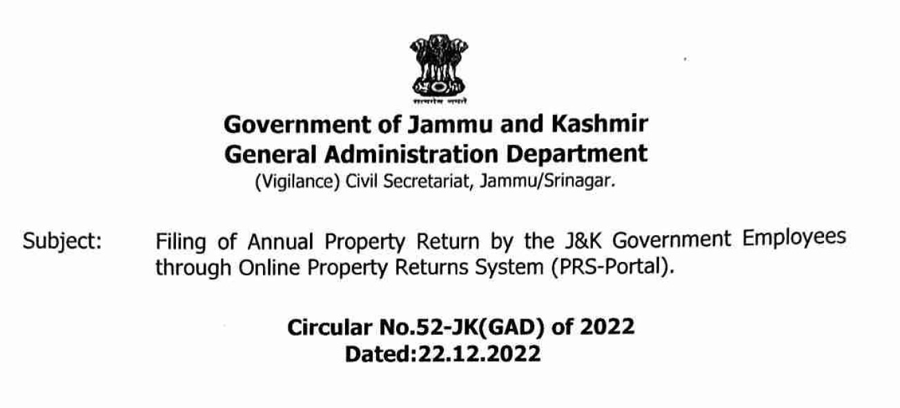 All JK employees advised to submit property returns online from 1st to 31st January