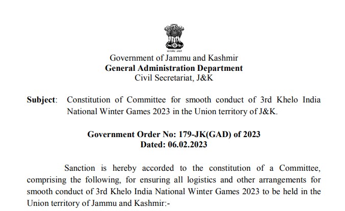 Constitution of Committee for smooth conduct of 3rd Khelo India National Winter Games 2023 in the Union territory of JK