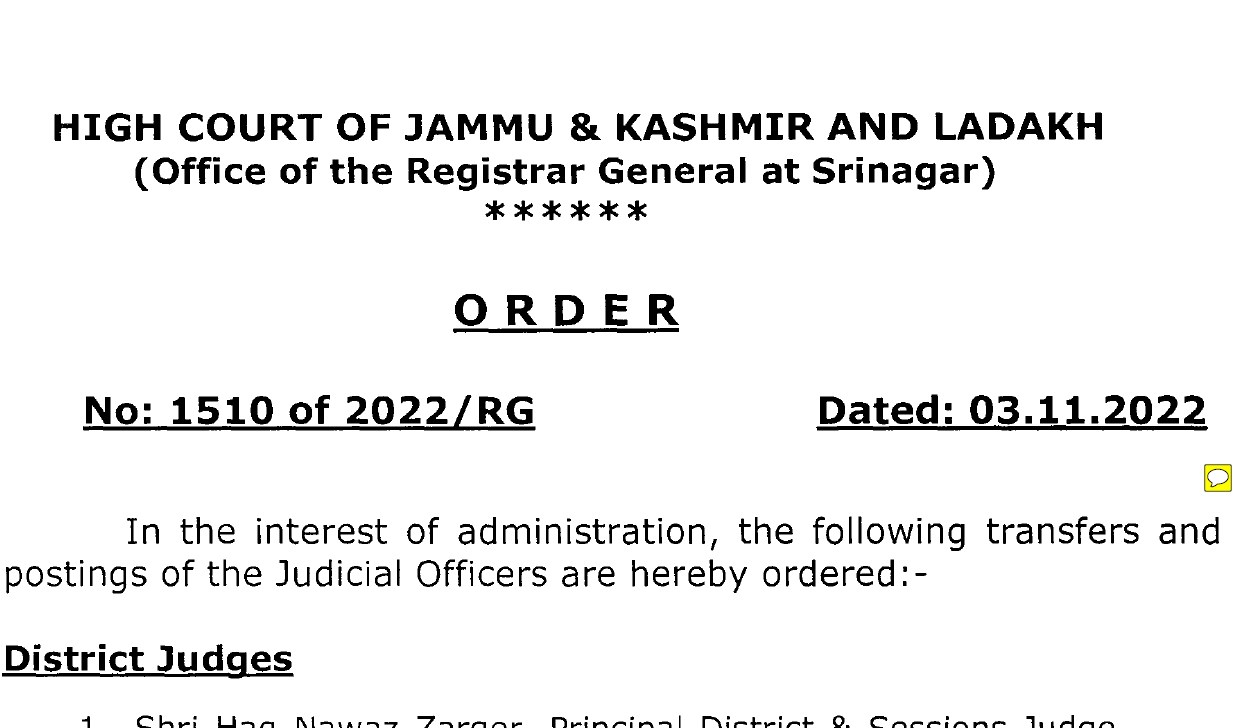 J&K: High Court Orders Transfer And Posting of Judicial Officers