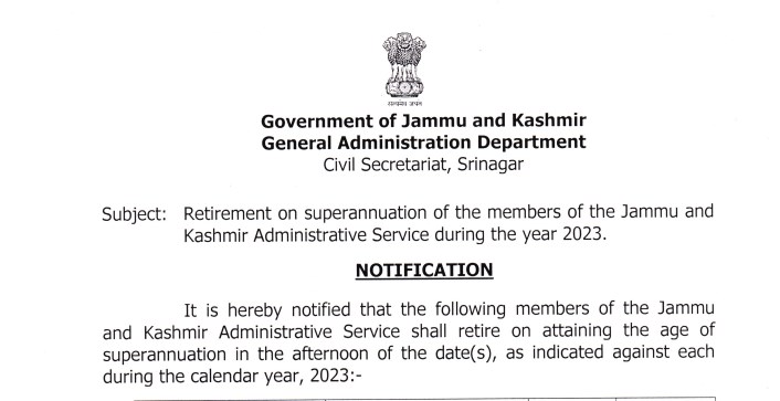 Retirement on superannuation of the members of the J&K Adm Service during the year 2023