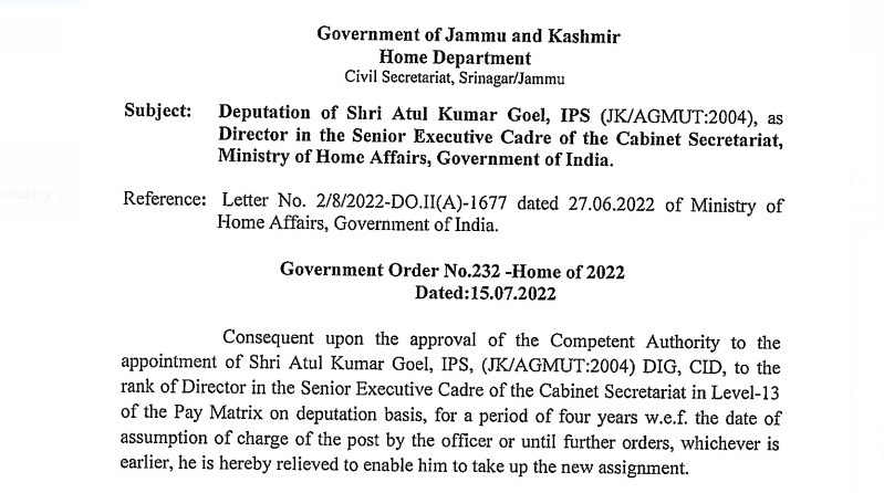 IPS officer Atul Kumar Goel sent on central deputation