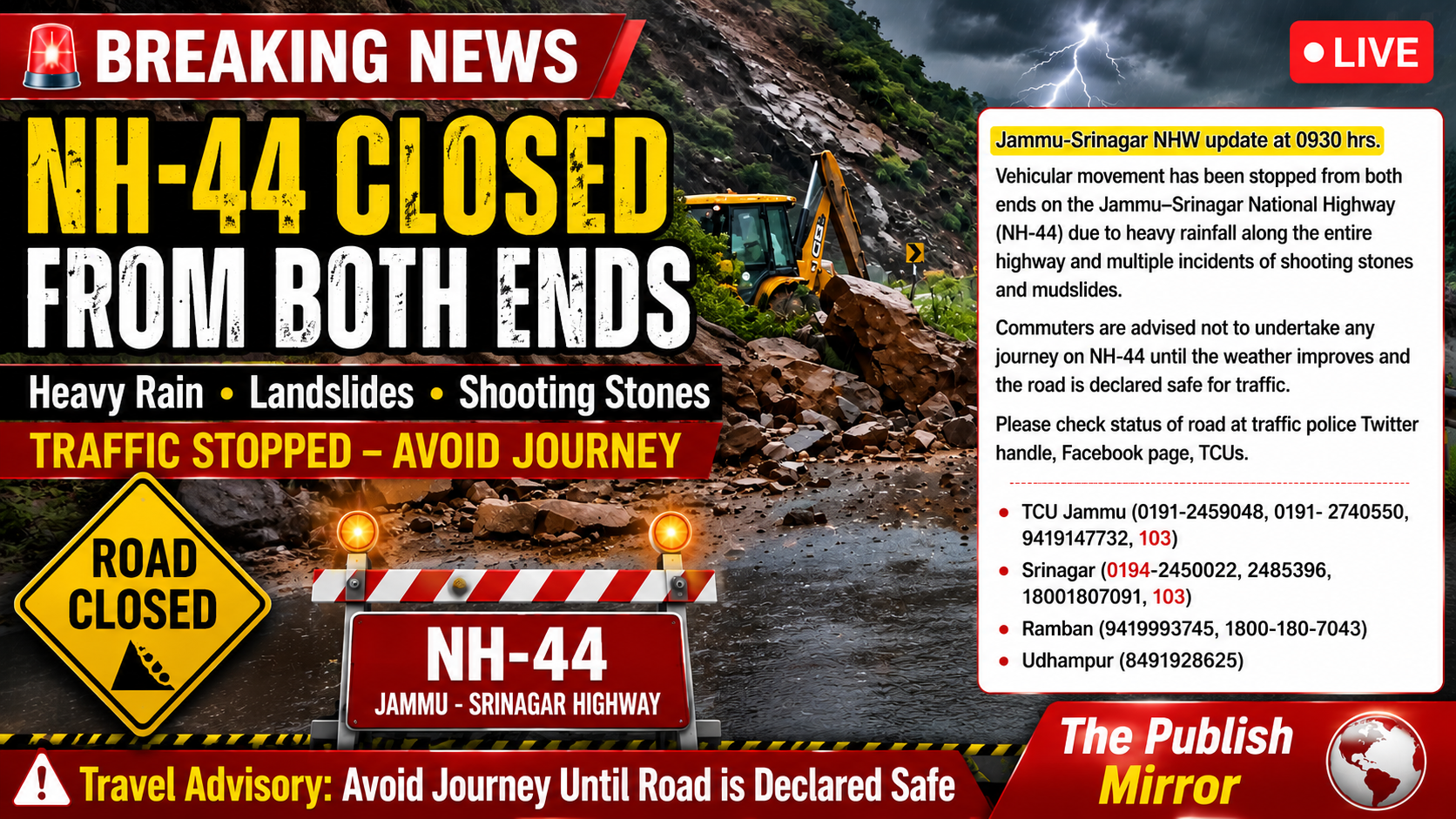 Jammu-Srinagar NH-44 Closed from Both Ends Following Heavy Rain