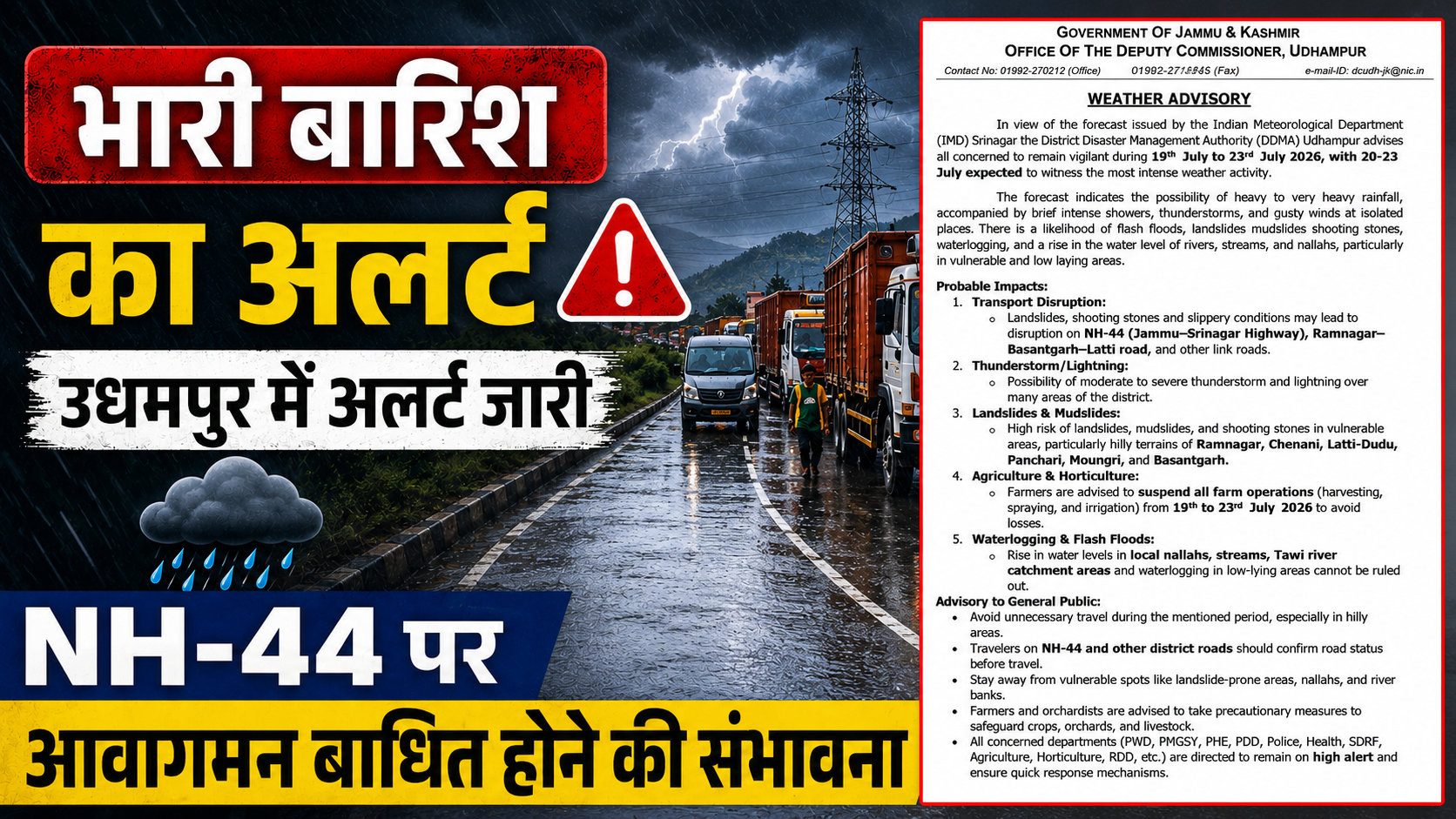 Heavy rain alert sounded in J&K's Udhampur; NH-44 likely to face disruption
