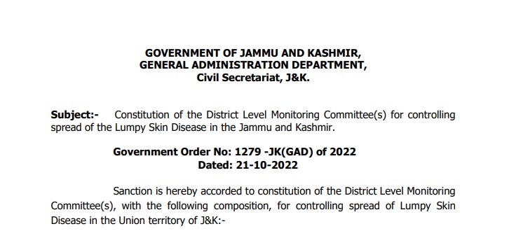 Constitution of the District Level Monitoring Committees for controlling spread of the Lumpy Skin Disease in the J&K