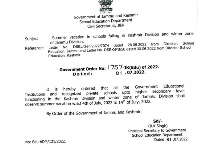 Govt announces summer vacations in Kashmir schools from July 1st week