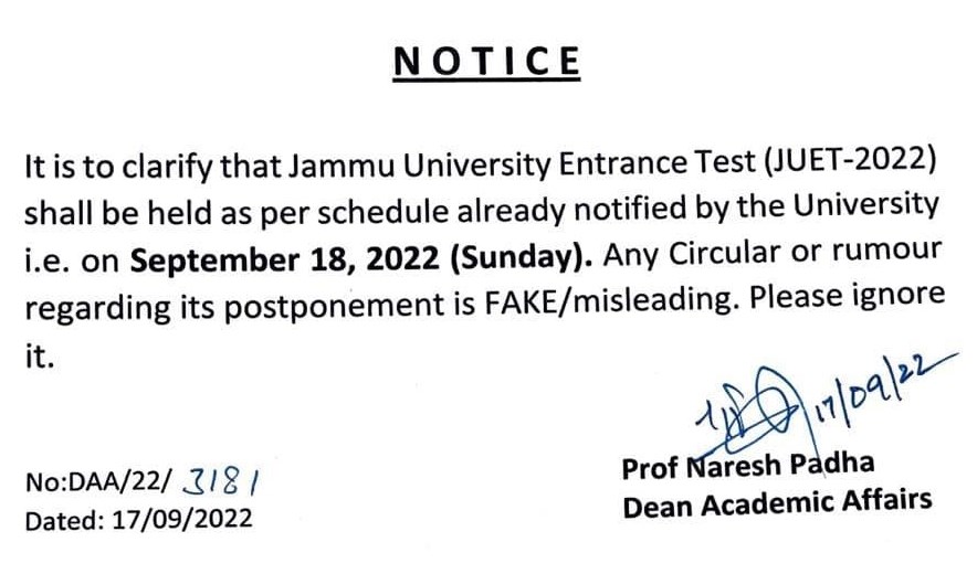 JU entrance test as per schedule tomorrow: Dean Academics