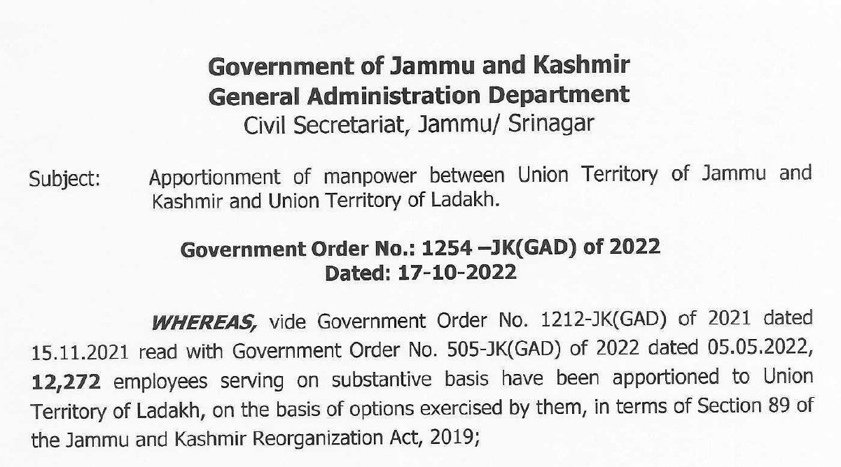 Apportionment of manpower between UT of J&K and Union Territory of Ladakh