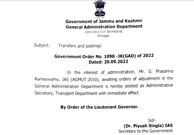 Prassana Ramaswamy IAS posted as Secretary Transport department