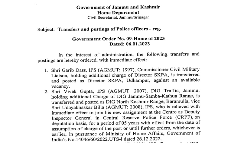 Government orders transfers and postings of 15 IPS officers; Shakti Pathak is new DIG Jammu, Vivek Gupta DIG North Kashmir