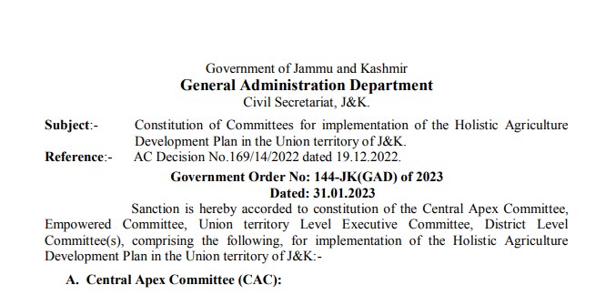 Constitution of committees for implementation of the holistic agriculture development plan in the Union territory of J&K