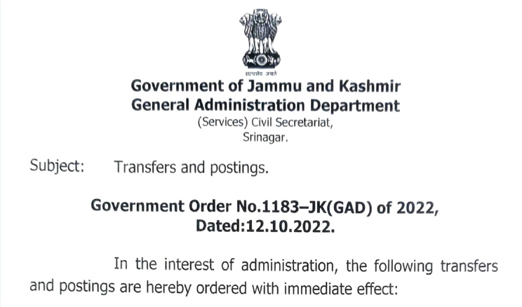 Govt orders transfers and postings of 2 IAS and 3 JKAS Officers