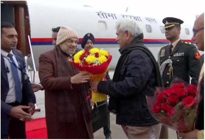 Union Home Minister Amit Shah arrives at Jammu Airport, received by LG Manoj Sinha