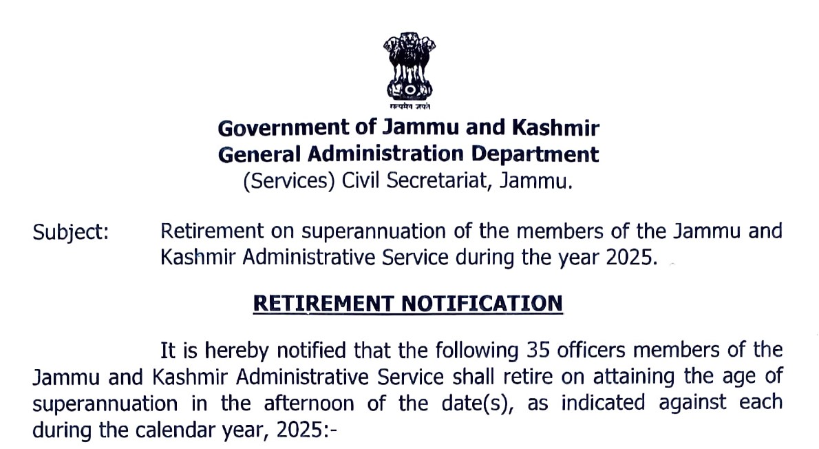 J&K Govt announces retirement of 35 JKAS officers