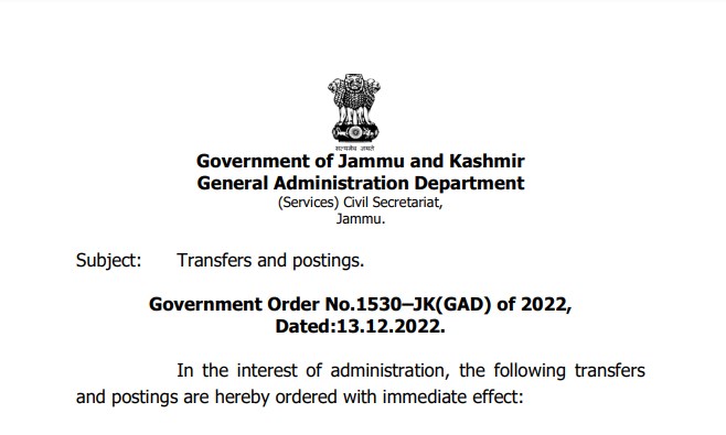 Govt orders Transfers and postings of 7 JKAS officers