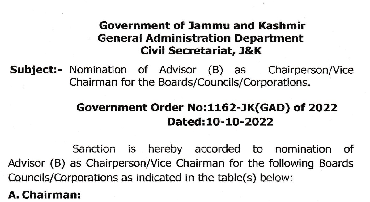 J&K Govt nominates Advisor (B) as Chairperson/Vice Chairman for 8 Boards/Councils/Corporations